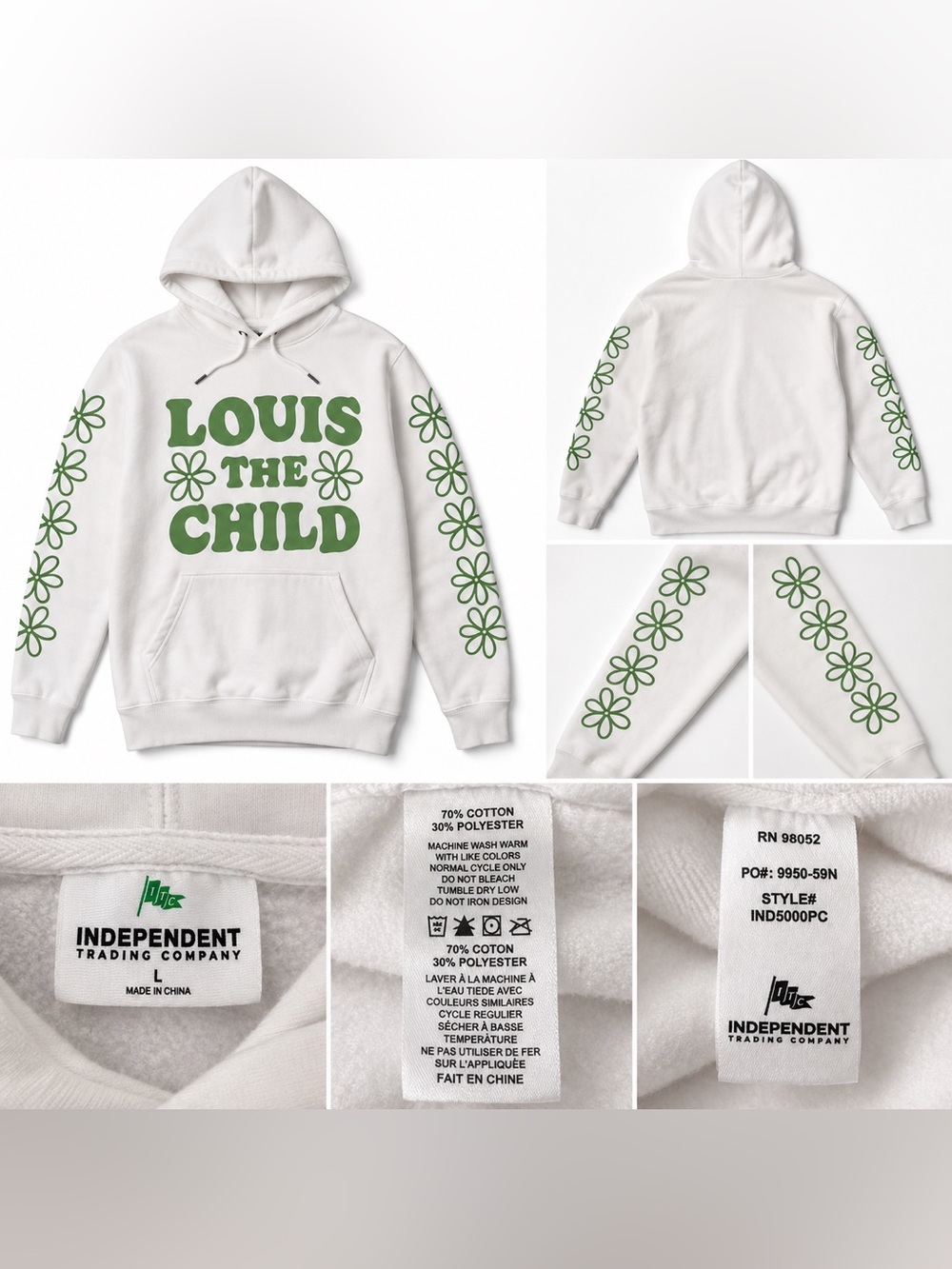 Louis The Child White Green Floral Graphic Hoodie Adult Size L